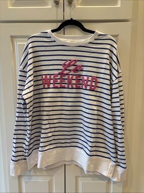 Shiraleah White & Blue Striped "Le Weekend" Embroidered Sweatshirt
